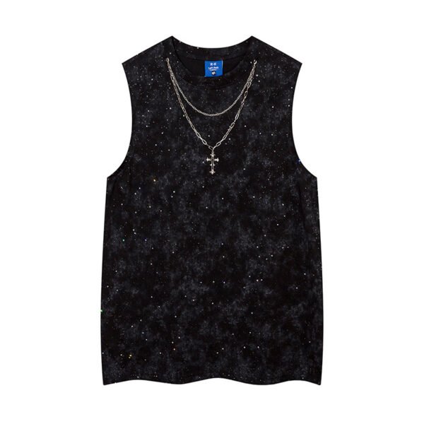 Men’s Starry Sky Streetwear Vest with Chain – Sleeveless Hip-Hop T-Shirt